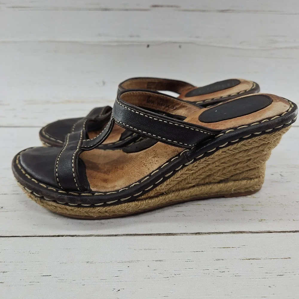 Born Womens 6 36.5 Wedge Heel Sandals Shoes Brown Leather Jute Espadrilles Heels